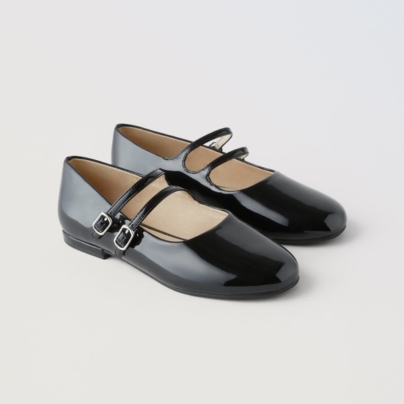 Zara girls faux patented ballet flats Black NWT